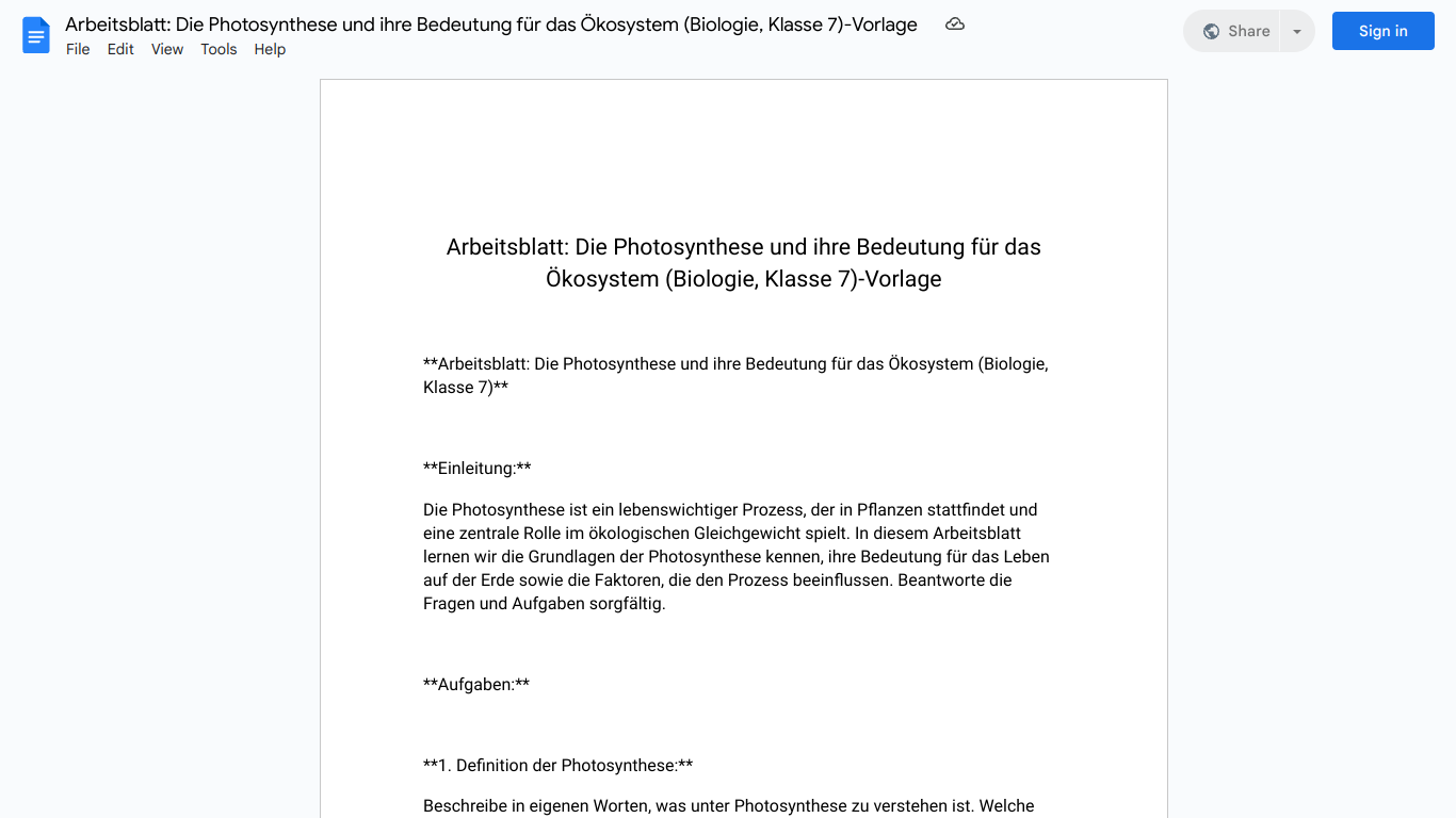 Arbeitsblatt: Die Photosynthese und ihre Bedeutung für das Ökosystem (Biologie, Klasse 7)-Vorlage