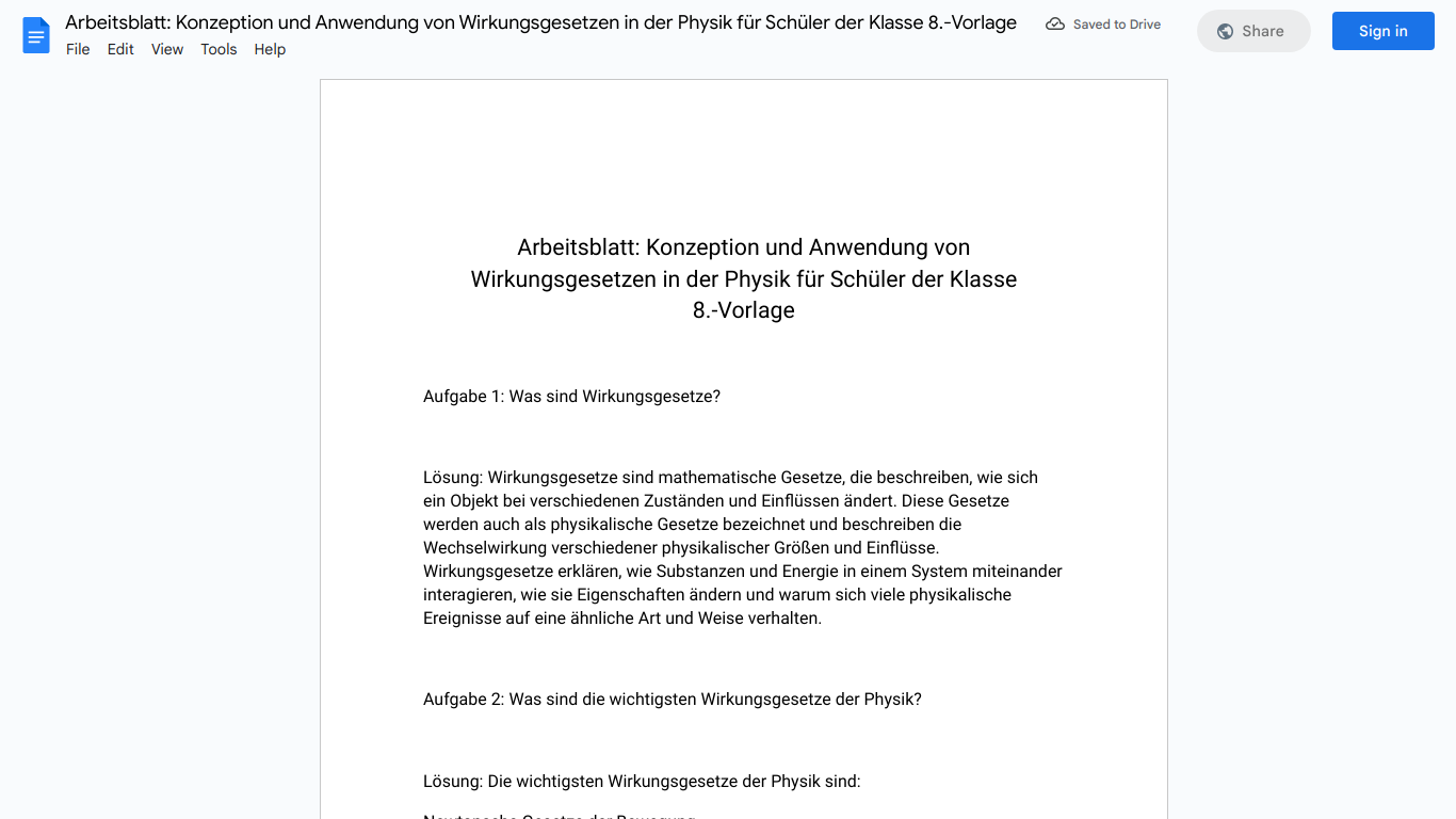 Arbeitsblatt: Konzeption und Anwendung von Wirkungsgesetzen in der Physik für Schüler der Klasse 8.-Vorlage