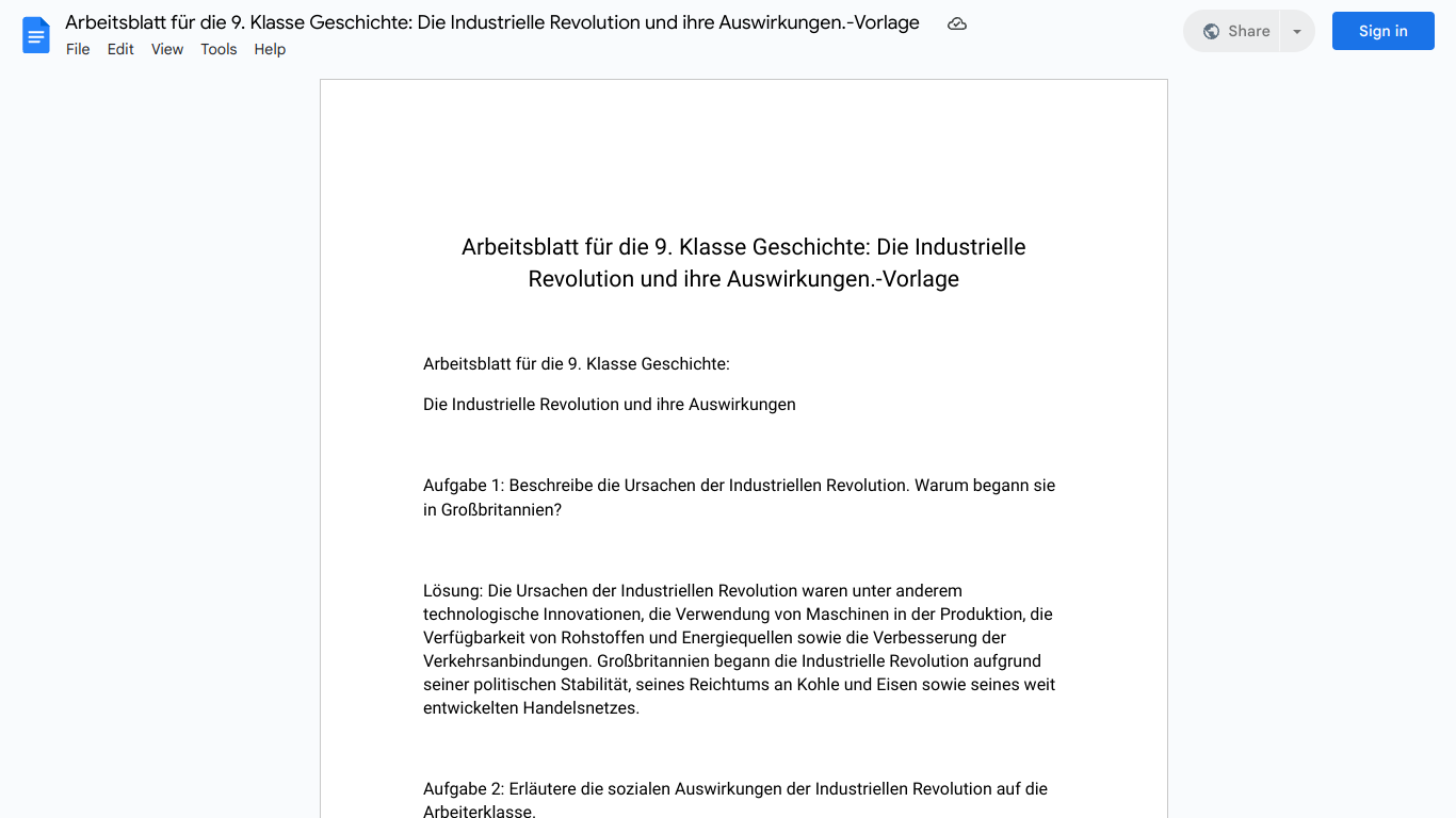 Arbeitsblatt für die 9. Klasse Geschichte: Die Industrielle Revolution und ihre Auswirkungen.-Vorlage