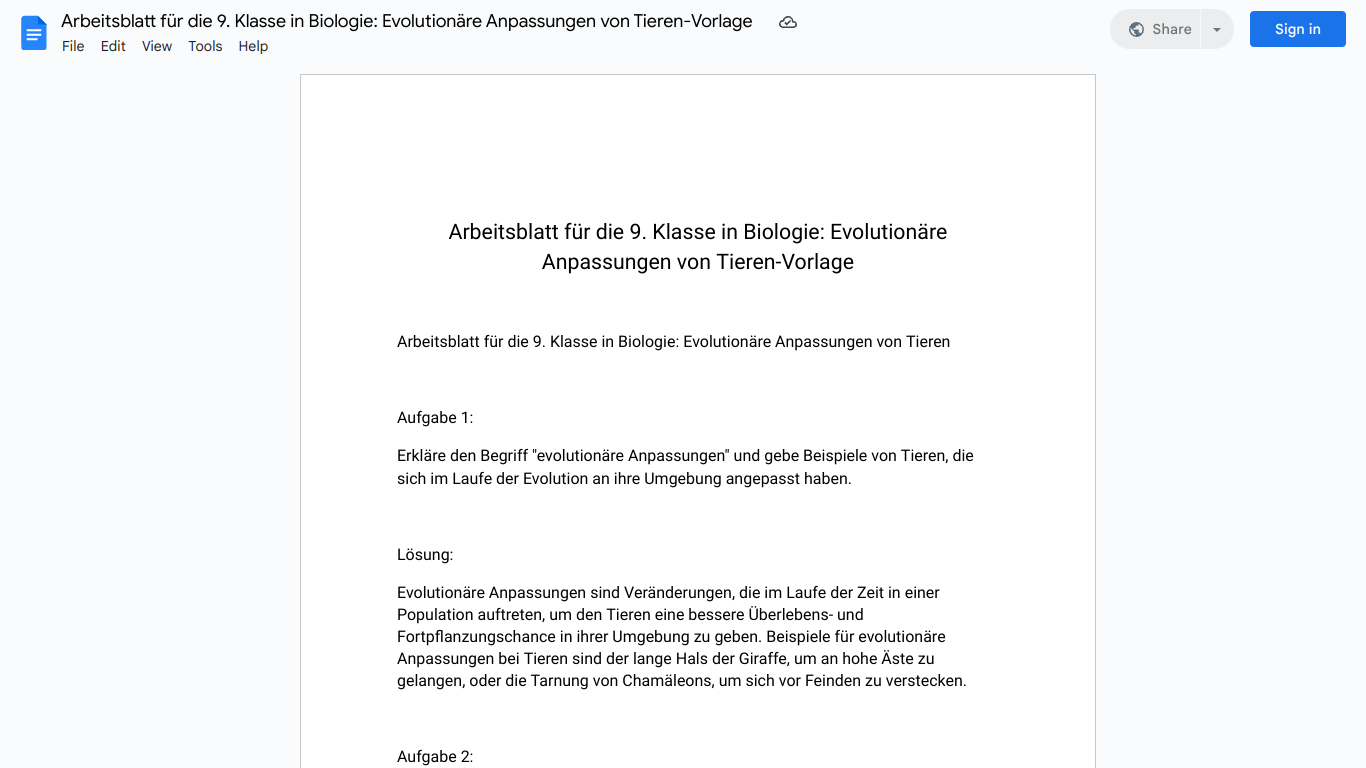 Arbeitsblatt für die 9. Klasse in Biologie: Evolutionäre Anpassungen von Tieren-Vorlage