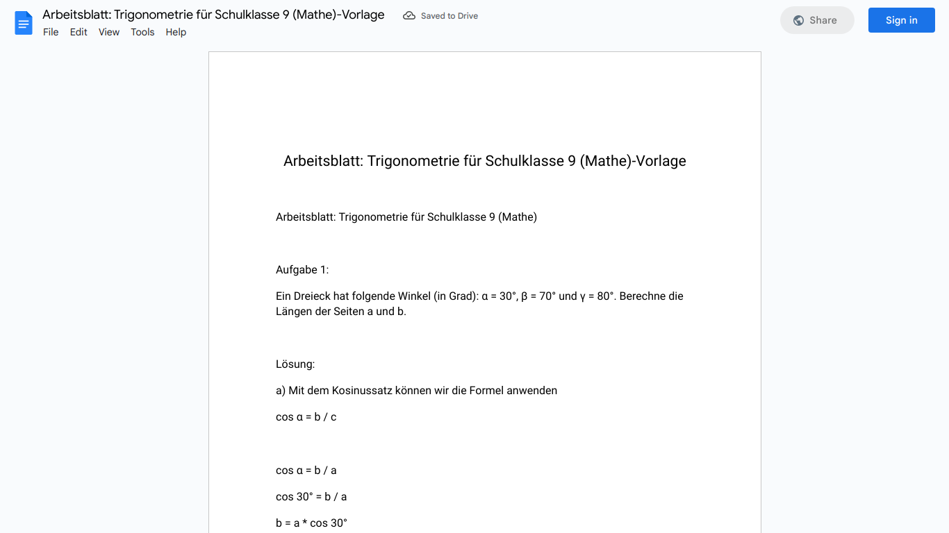 Arbeitsblatt: Trigonometrie für Schulklasse 9 (Mathe)-Vorlage