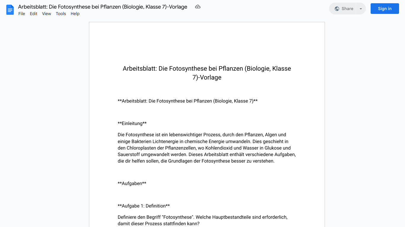 Arbeitsblatt: Die Fotosynthese bei Pflanzen (Biologie, Klasse 7)-Vorlage