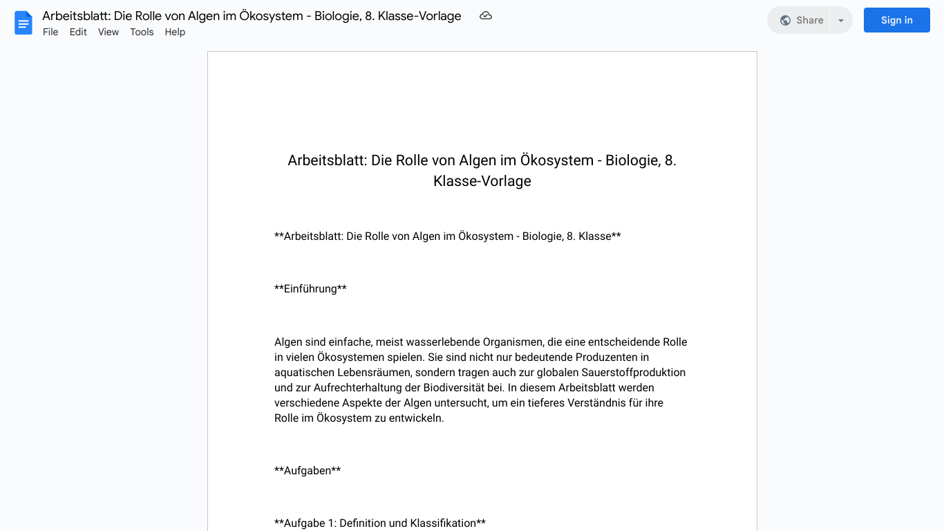 Arbeitsblatt: Die Rolle von Algen im Ökosystem - Biologie, 8. Klasse-Vorlage