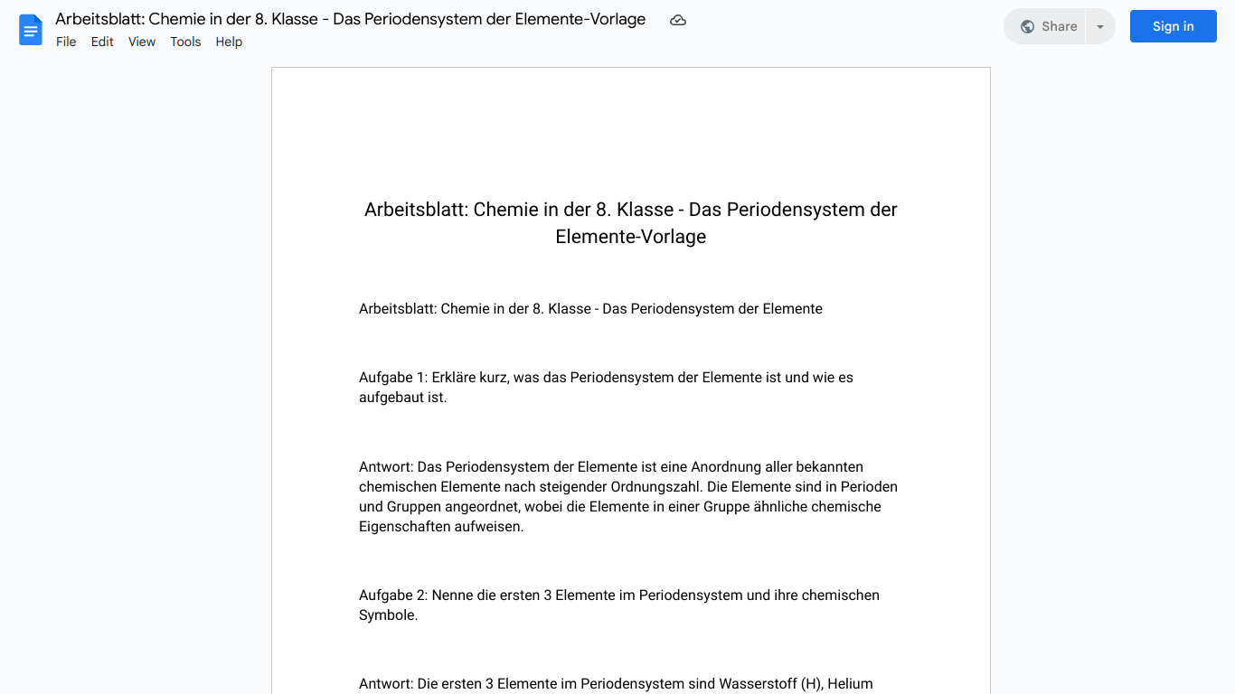 Arbeitsblatt: Chemie in der 8. Klasse - Das Periodensystem der Elemente-Vorlage