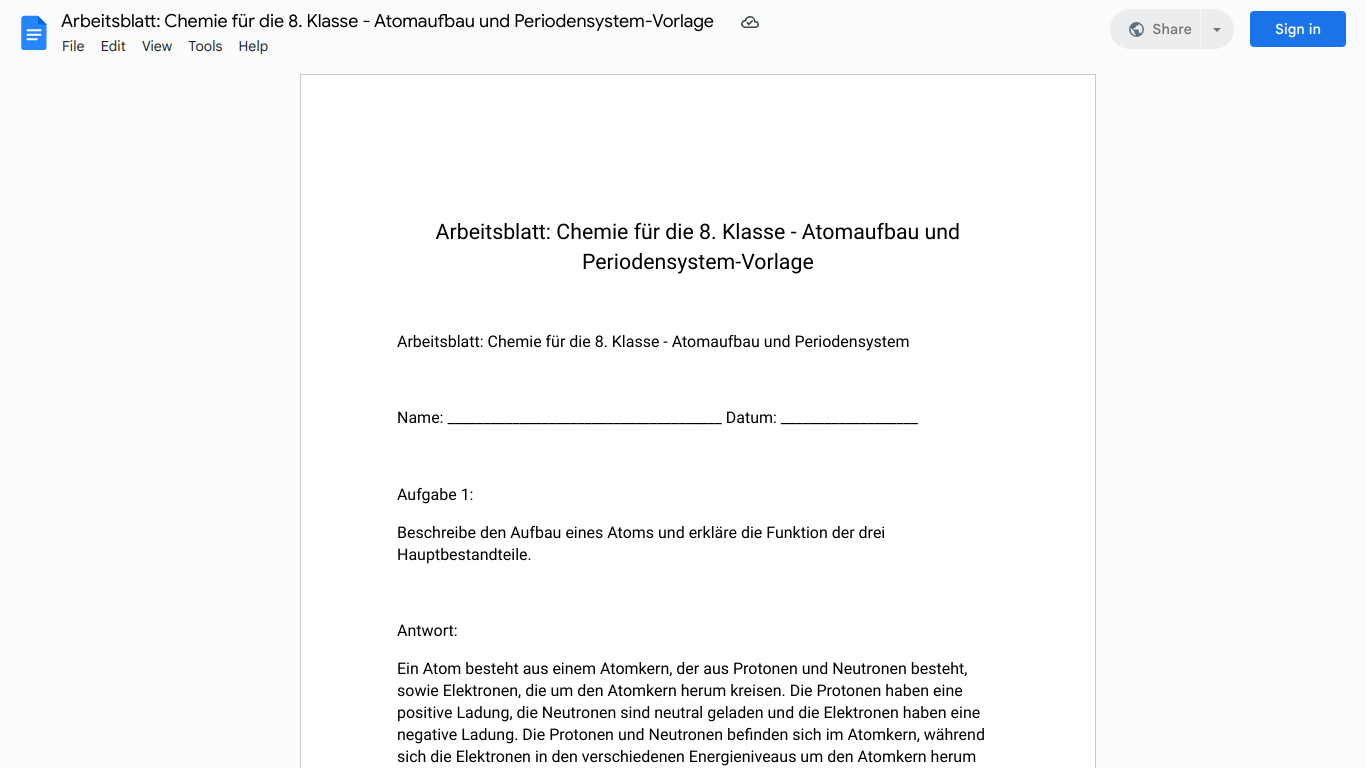 Arbeitsblatt: Chemie für die 8. Klasse - Atomaufbau und Periodensystem-Vorlage