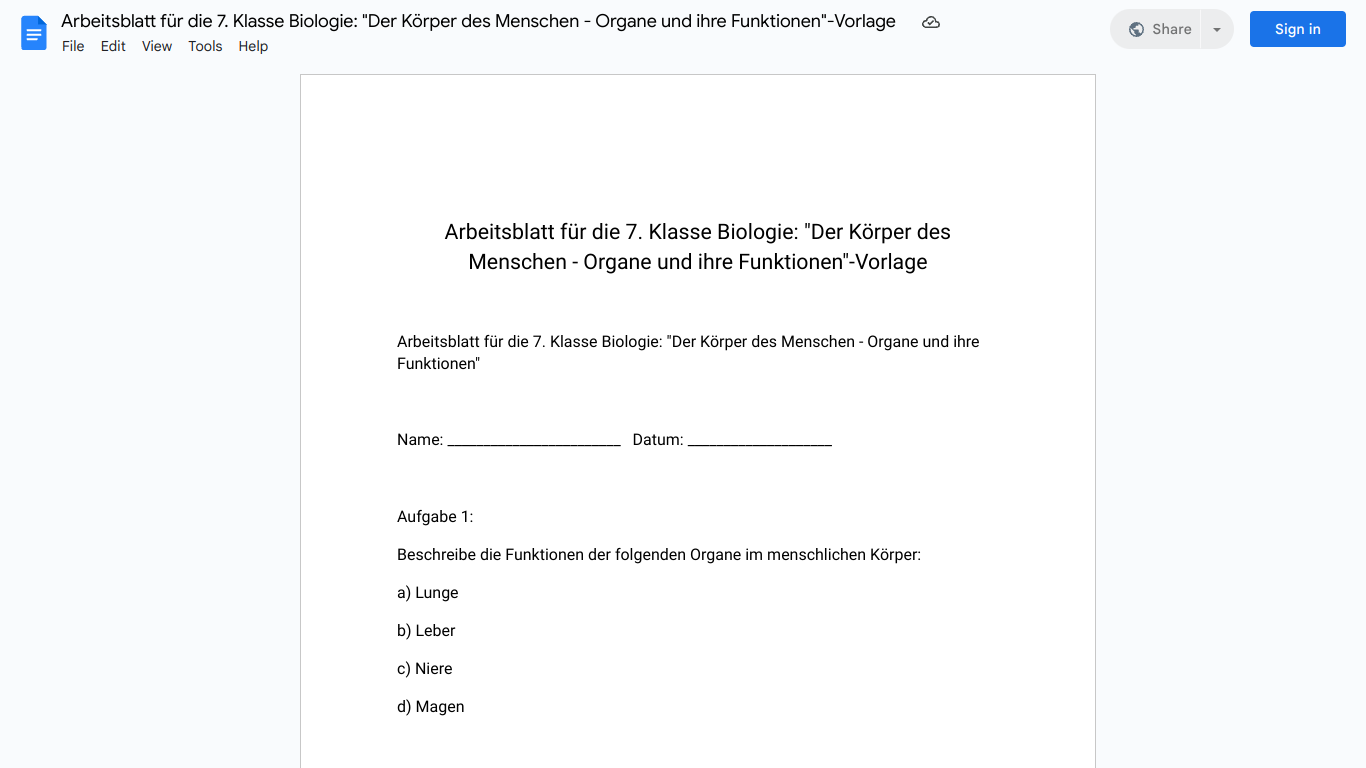 Arbeitsblatt für die 7. Klasse Biologie: "Der Körper des Menschen - Organe und ihre Funktionen"-Vorlage