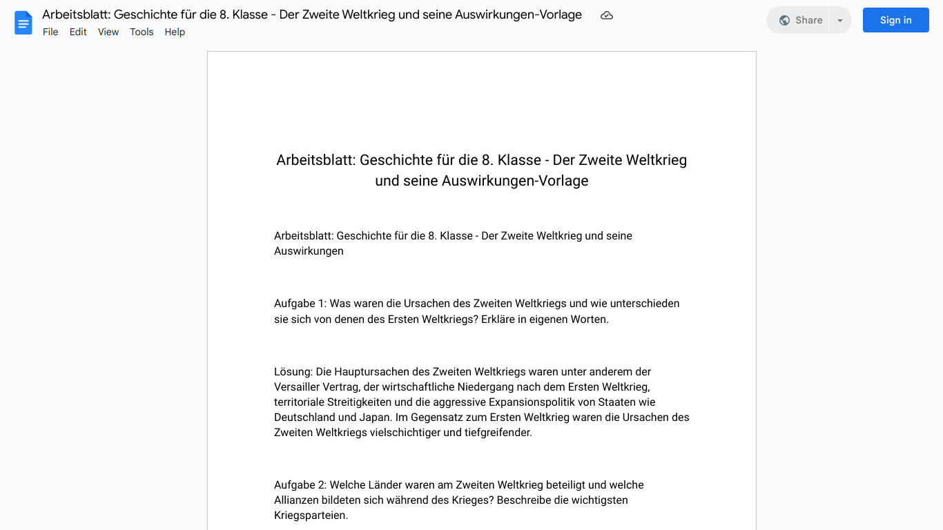 Arbeitsblatt: Geschichte für die 8. Klasse - Der Zweite Weltkrieg und seine Auswirkungen-Vorlage