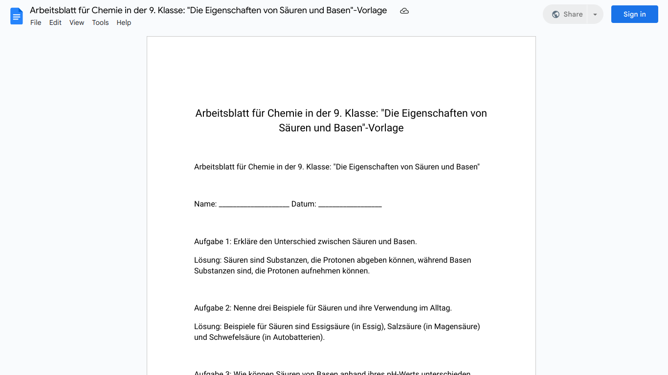 Arbeitsblatt für Chemie in der 9. Klasse: "Die Eigenschaften von Säuren und Basen"-Vorlage