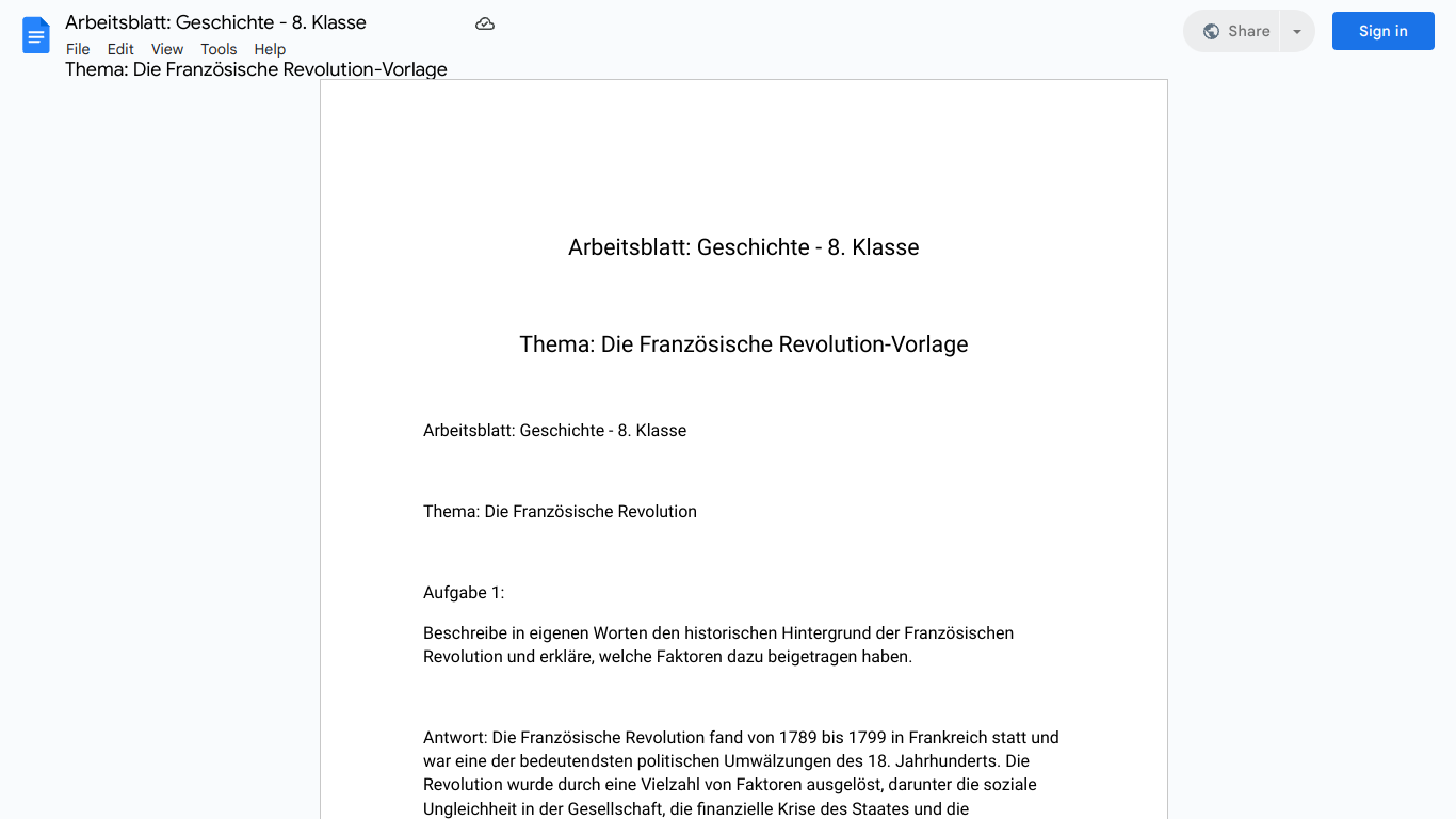 Arbeitsblatt: Geschichte - 8. Klasse

Thema: Die Französische Revolution-Vorlage