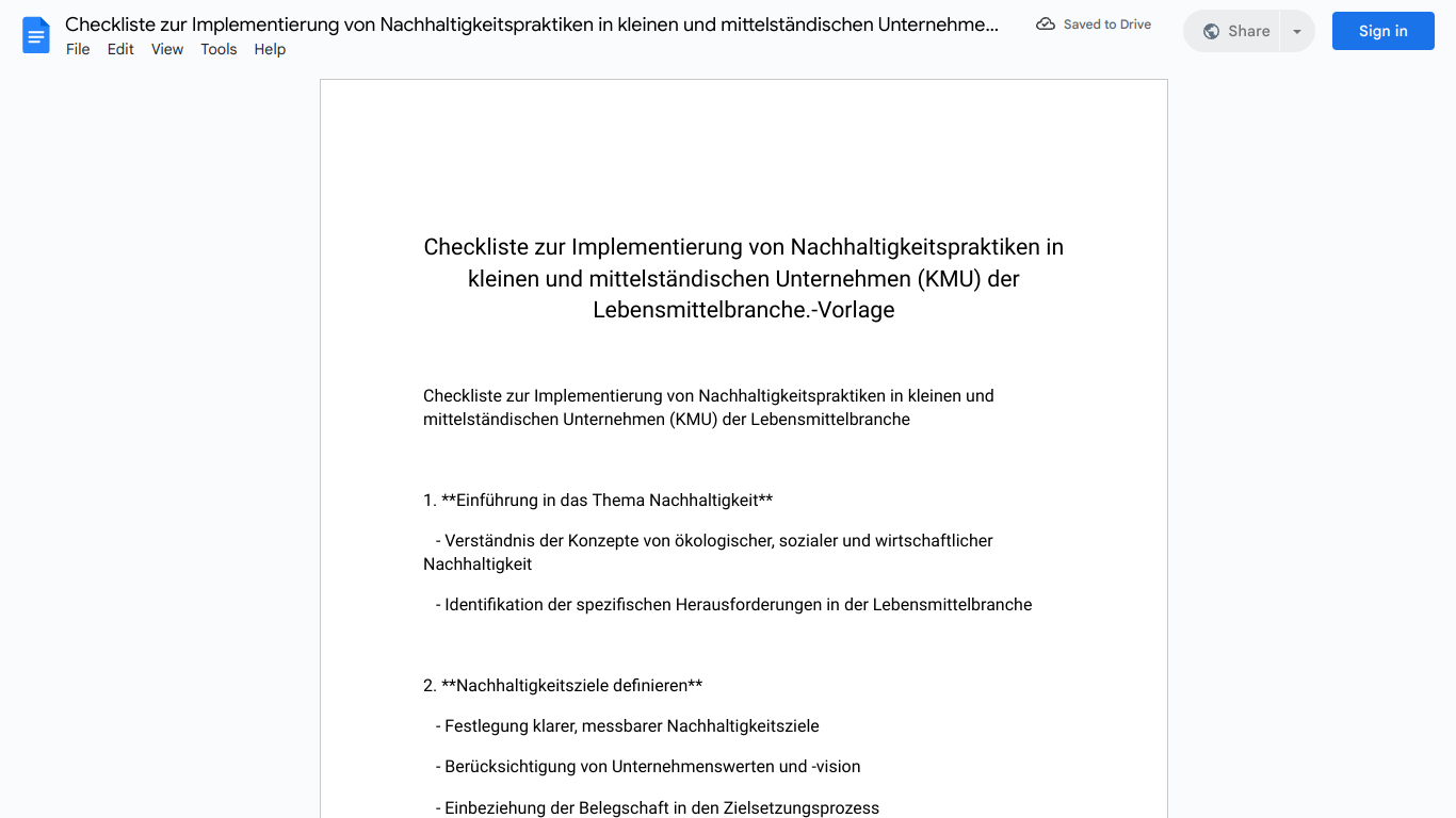 Checkliste zur Implementierung von Nachhaltigkeitspraktiken in kleinen und mittelständischen Unternehmen (KMU) der Lebensmittelbranche.-Vorlage