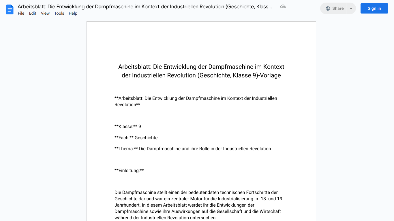 Arbeitsblatt: Die Entwicklung der Dampfmaschine im Kontext der Industriellen Revolution (Geschichte, Klasse 9)-Vorlage