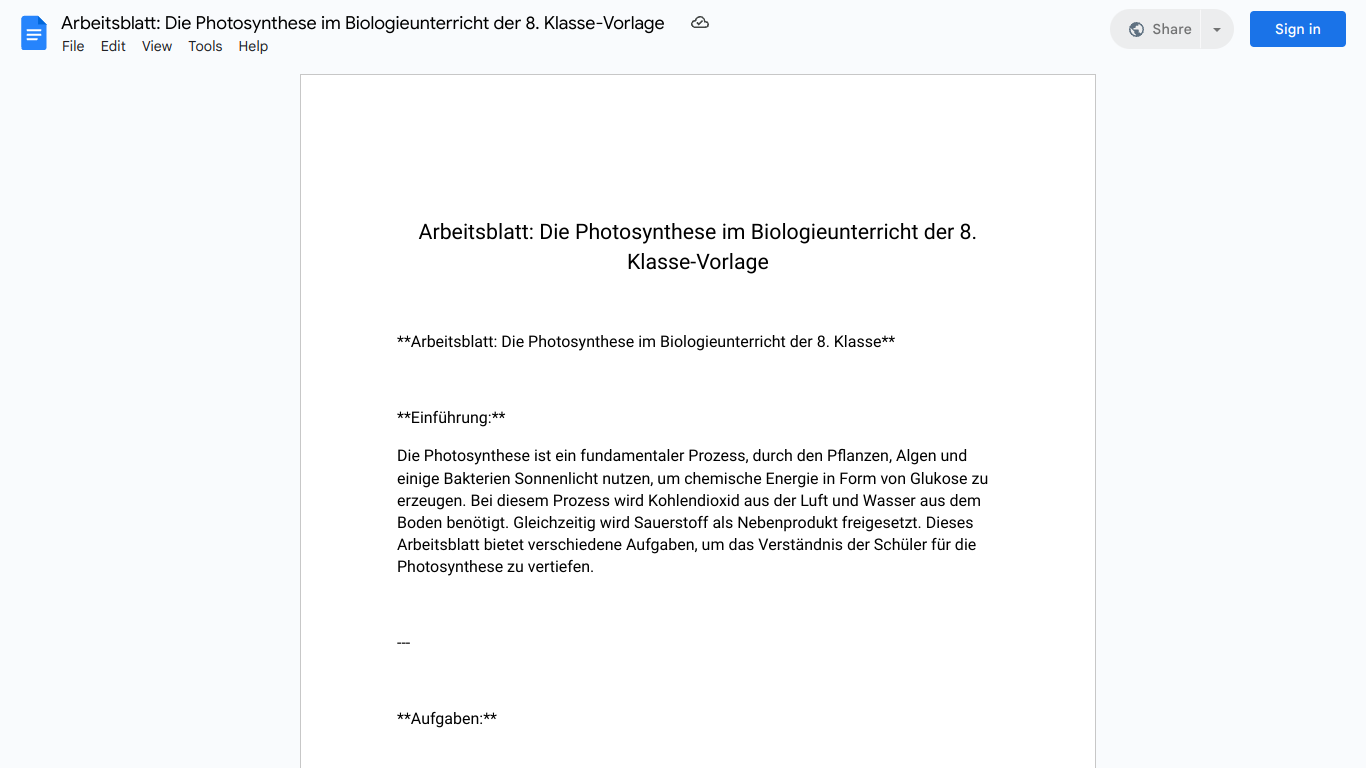 Arbeitsblatt: Die Photosynthese im Biologieunterricht der 8. Klasse-Vorlage