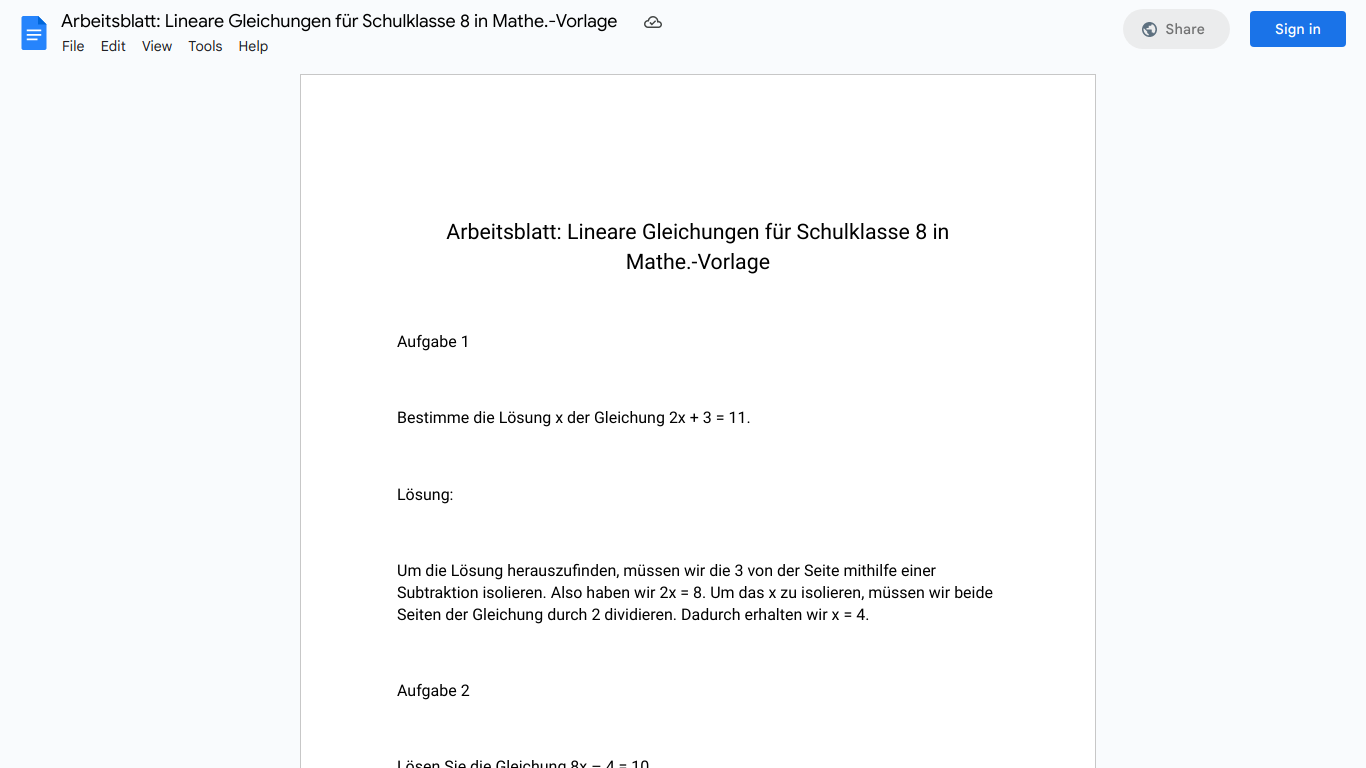 Arbeitsblatt: Lineare Gleichungen für Schulklasse 8 in Mathe.-Vorlage