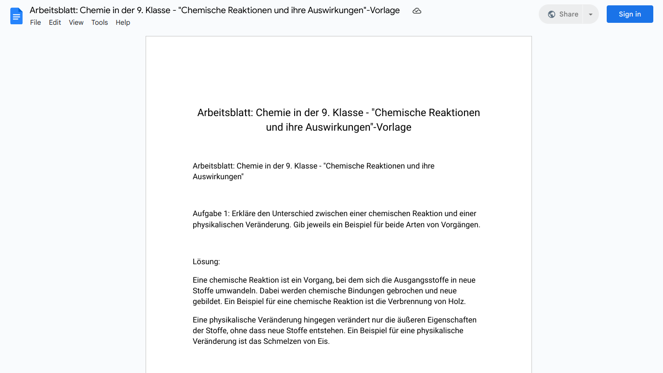 Arbeitsblatt: Chemie in der 9. Klasse - "Chemische Reaktionen und ihre Auswirkungen"-Vorlage