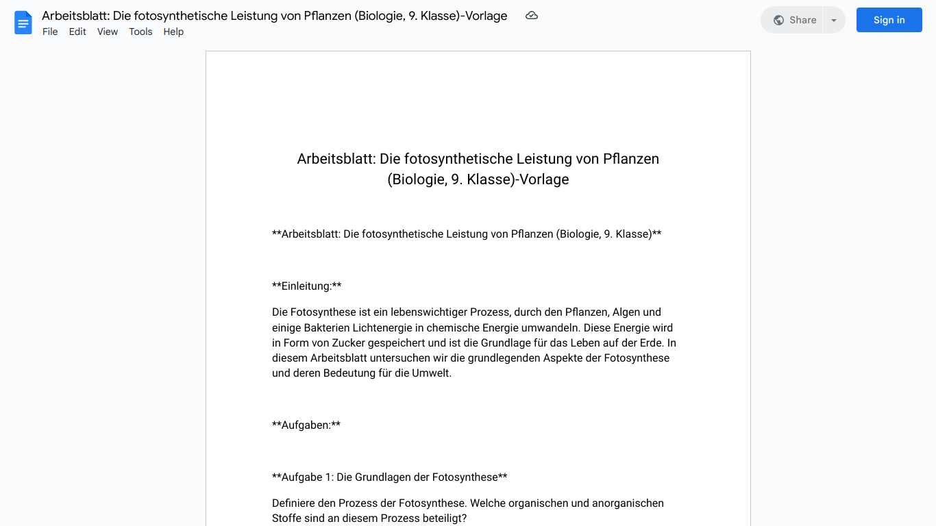 Arbeitsblatt: Die fotosynthetische Leistung von Pflanzen (Biologie, 9. Klasse)-Vorlage