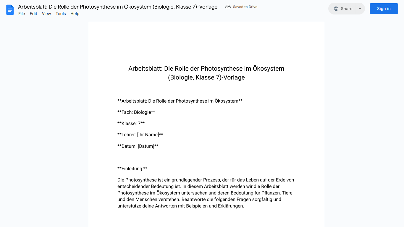 Arbeitsblatt: Die Rolle der Photosynthese im Ökosystem (Biologie, Klasse 7)-Vorlage