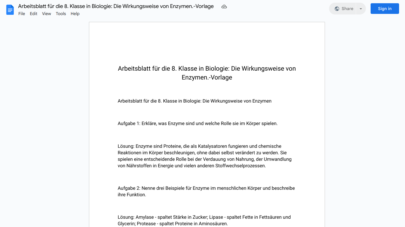 Arbeitsblatt für die 8. Klasse in Biologie: Die Wirkungsweise von Enzymen.-Vorlage