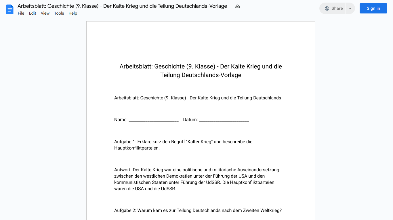 Arbeitsblatt: Geschichte (9. Klasse) - Der Kalte Krieg und die Teilung Deutschlands-Vorlage