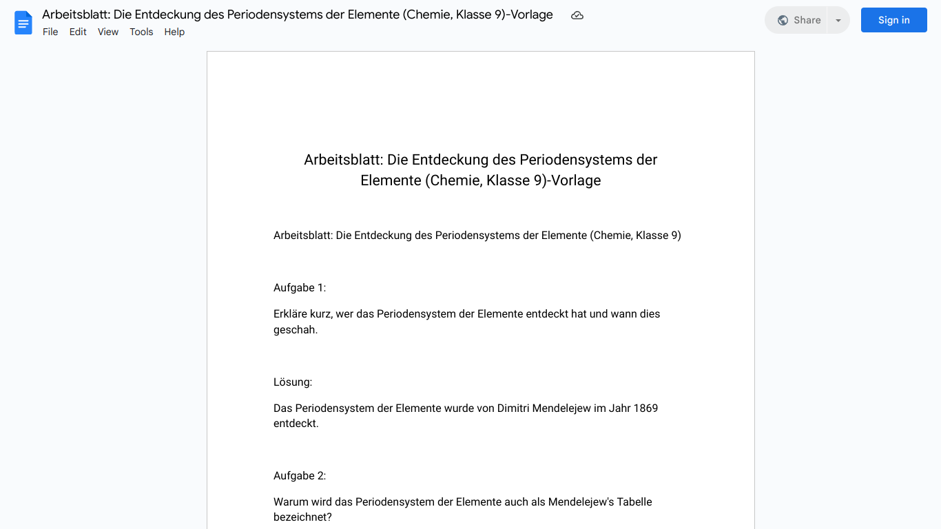 Arbeitsblatt: Die Entdeckung des Periodensystems der Elemente (Chemie, Klasse 9)-Vorlage