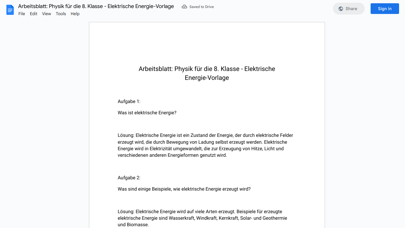 Arbeitsblatt: Physik für die 8. Klasse - Elektrische Energie-Vorlage