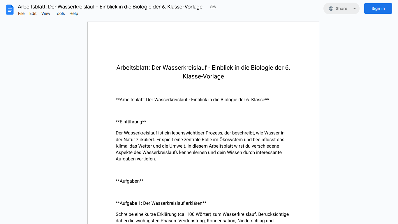 Arbeitsblatt: Der Wasserkreislauf - Einblick in die Biologie der 6. Klasse-Vorlage