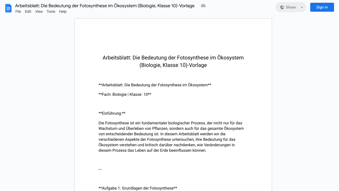 Arbeitsblatt: Die Bedeutung der Fotosynthese im Ökosystem (Biologie, Klasse 10)-Vorlage