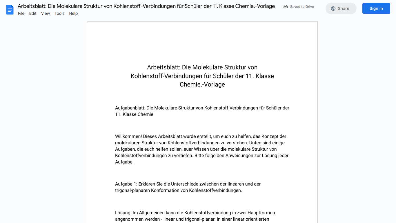 Arbeitsblatt: Die Molekulare Struktur von Kohlenstoff-Verbindungen für Schüler der 11. Klasse Chemie.-Vorlage