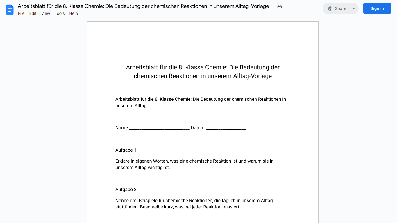 Arbeitsblatt für die 8. Klasse Chemie: Die Bedeutung der chemischen Reaktionen in unserem Alltag-Vorlage