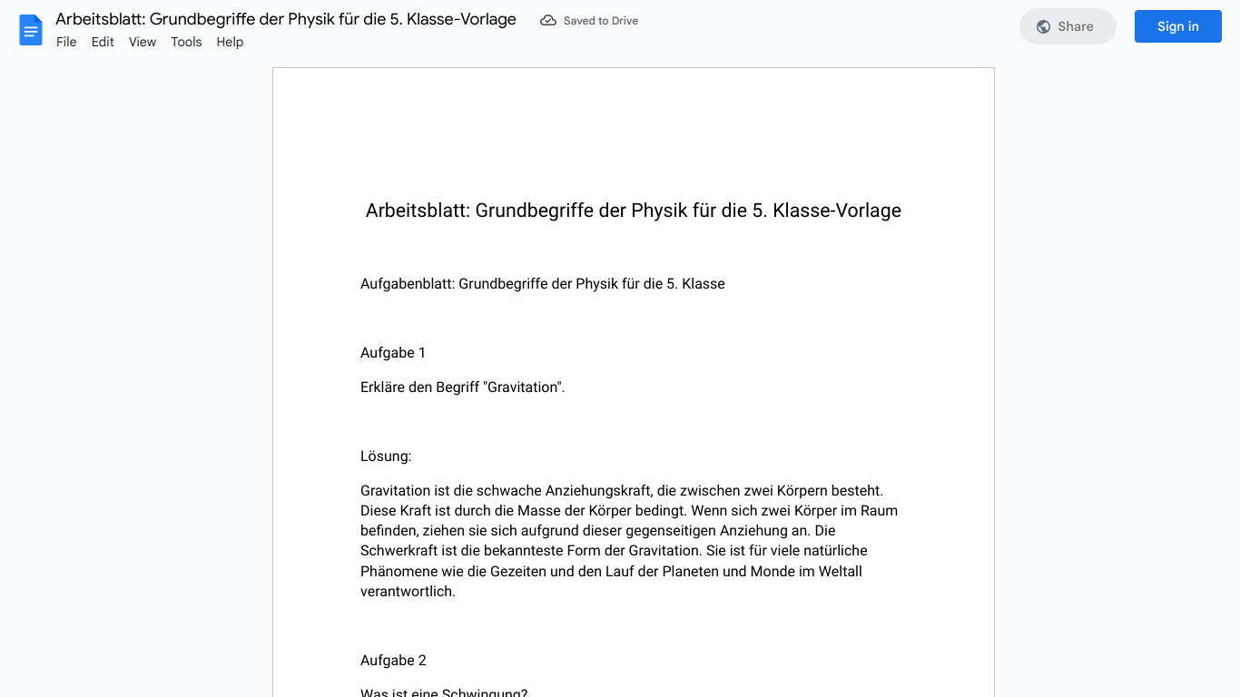 Arbeitsblatt: Grundbegriffe der Physik für die 5. Klasse-Vorlage