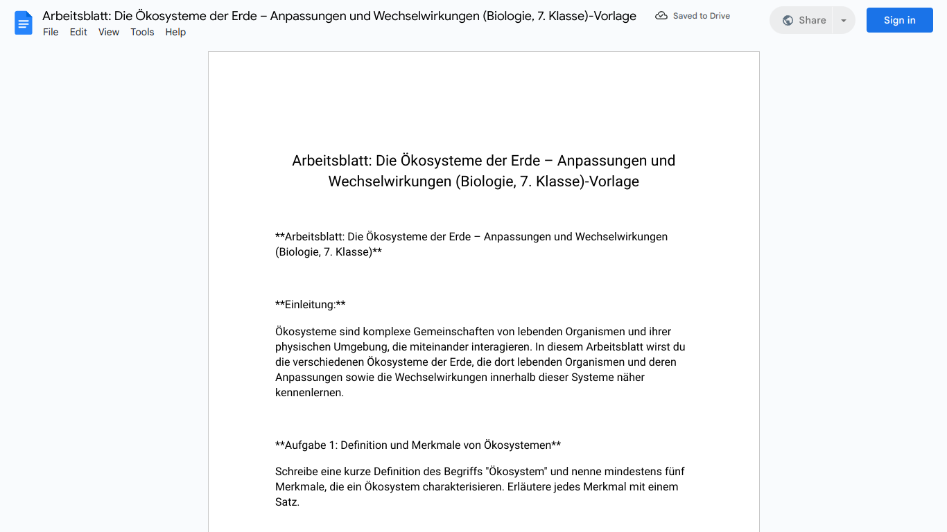 Arbeitsblatt: Die Ökosysteme der Erde – Anpassungen und Wechselwirkungen (Biologie, 7. Klasse)-Vorlage