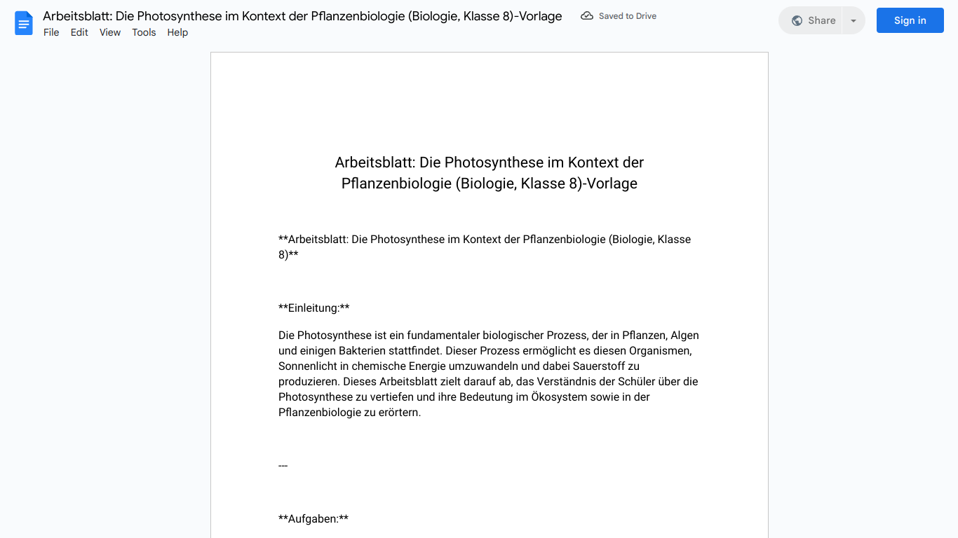 Arbeitsblatt: Die Photosynthese im Kontext der Pflanzenbiologie (Biologie, Klasse 8)-Vorlage