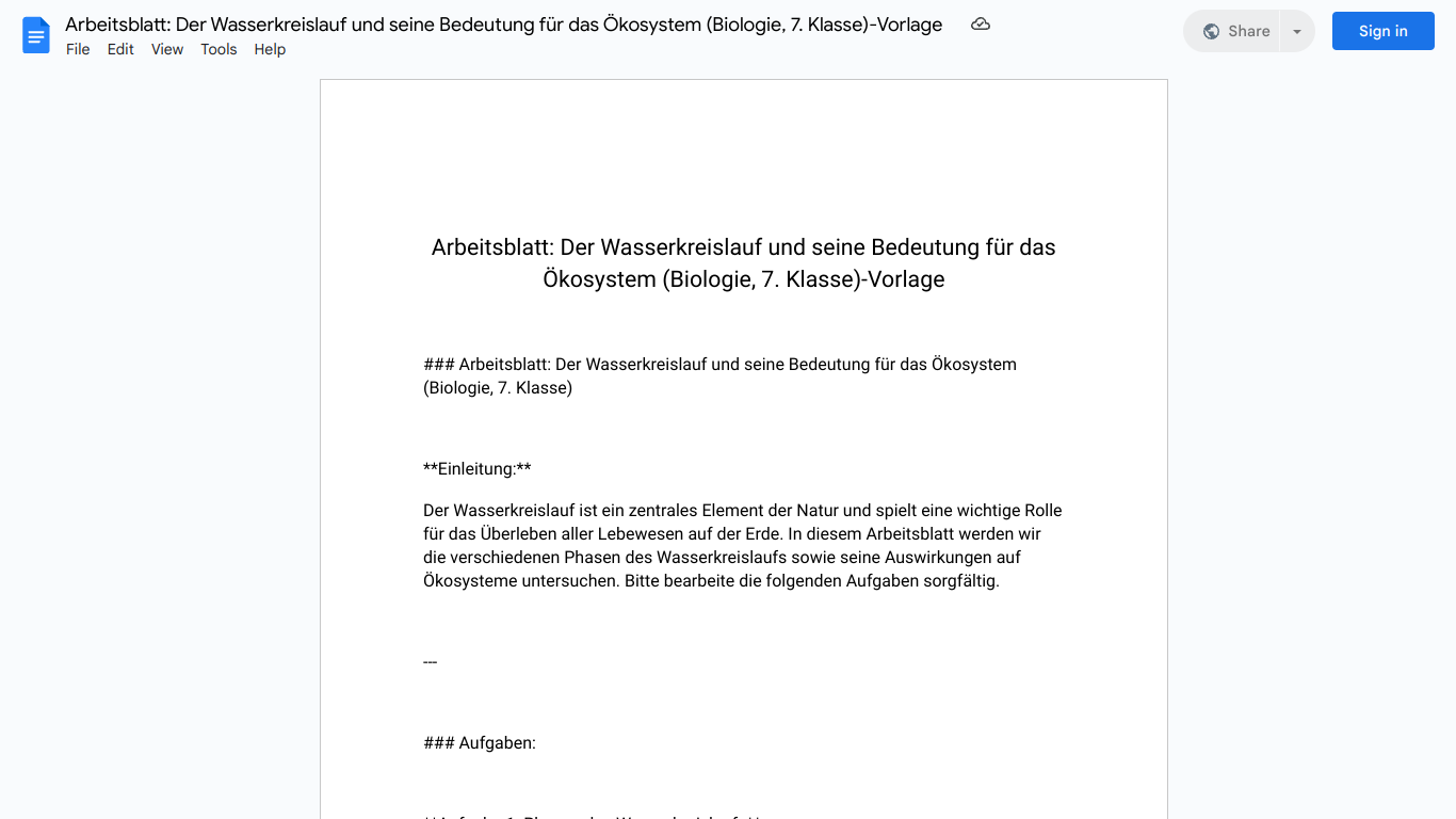 Arbeitsblatt: Der Wasserkreislauf und seine Bedeutung für das Ökosystem (Biologie, 7. Klasse)-Vorlage