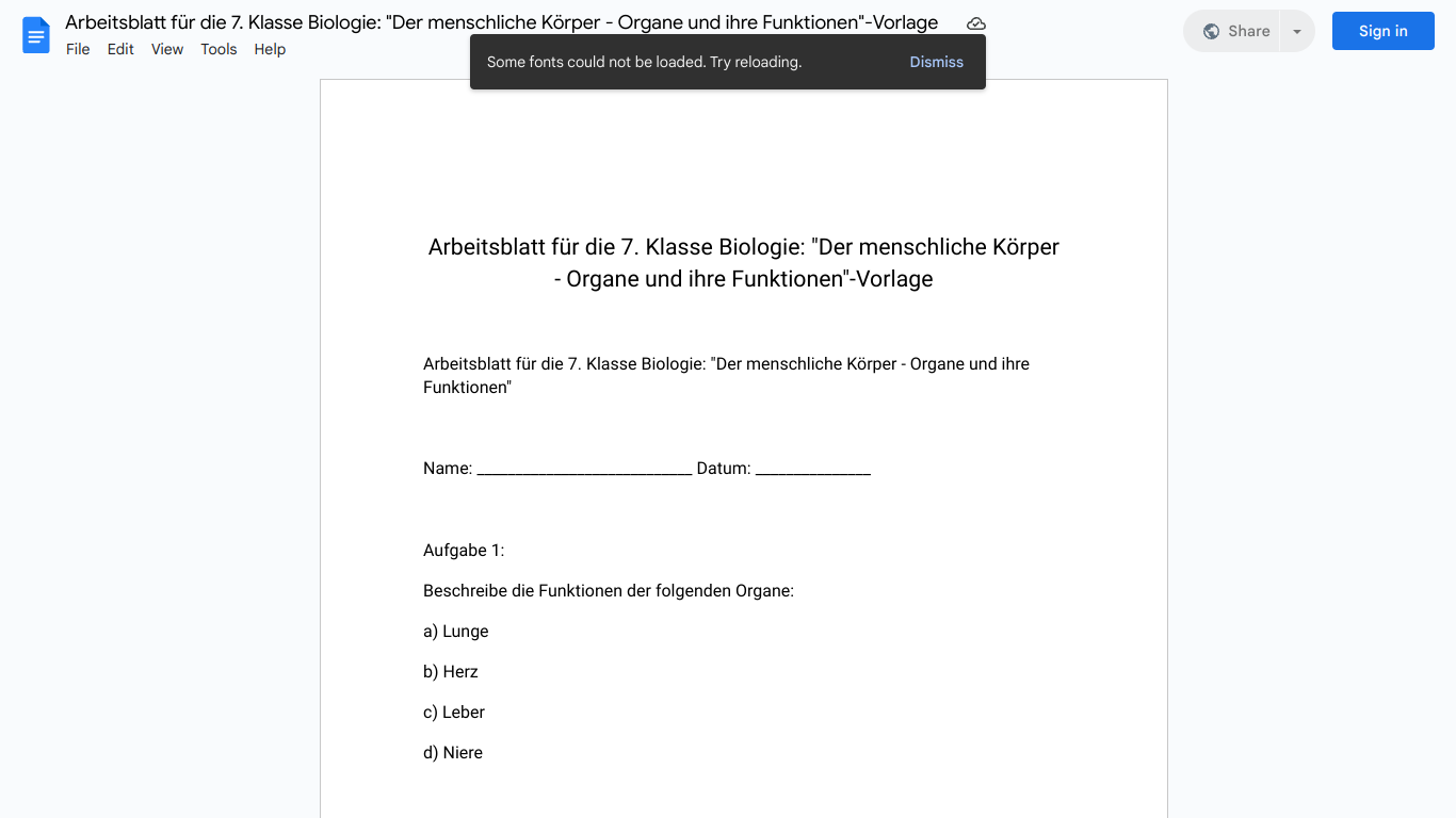 Arbeitsblatt für die 7. Klasse Biologie: "Der menschliche Körper - Organe und ihre Funktionen"-Vorlage