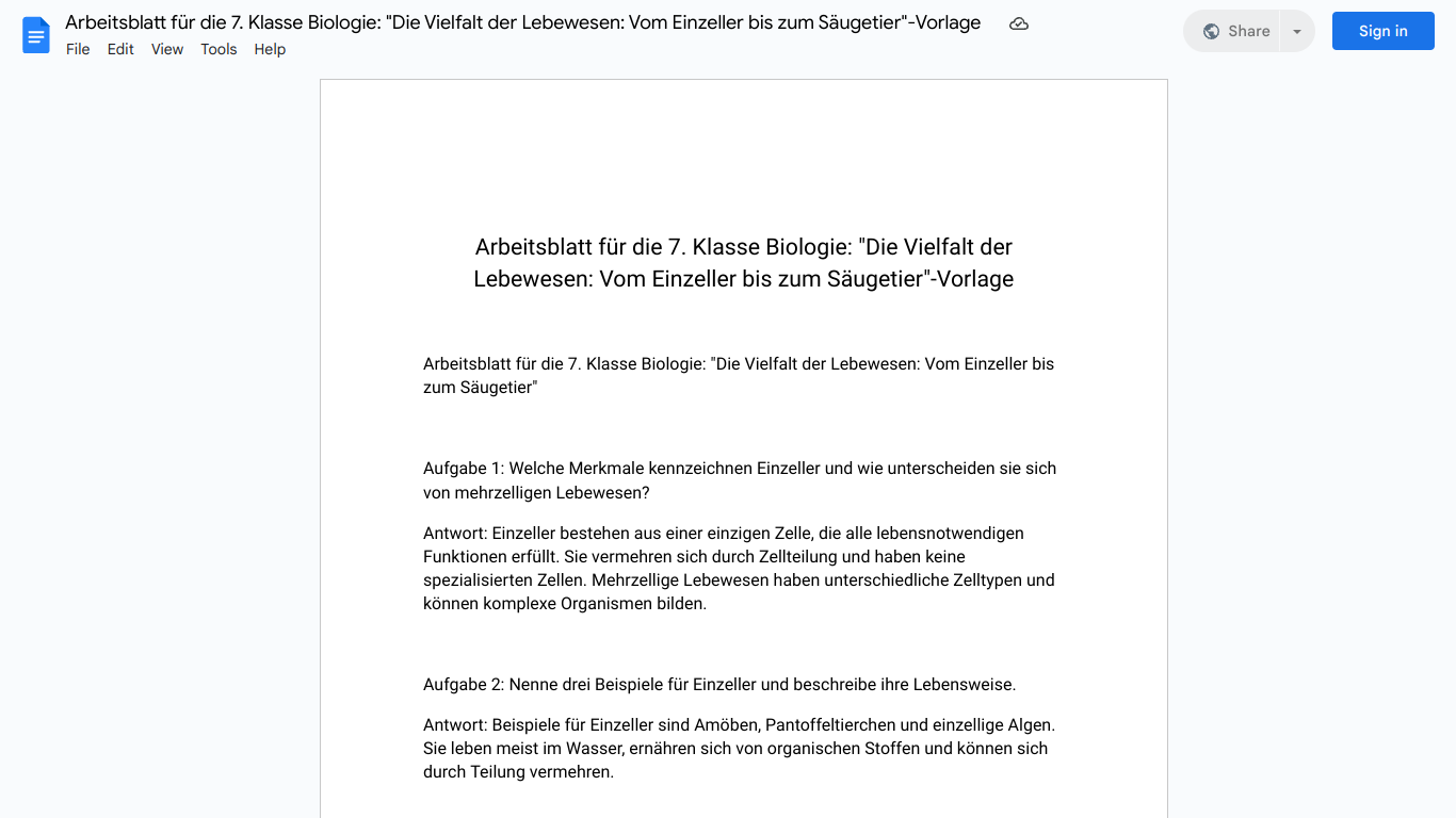 Arbeitsblatt für die 7. Klasse Biologie: "Die Vielfalt der Lebewesen: Vom Einzeller bis zum Säugetier"-Vorlage