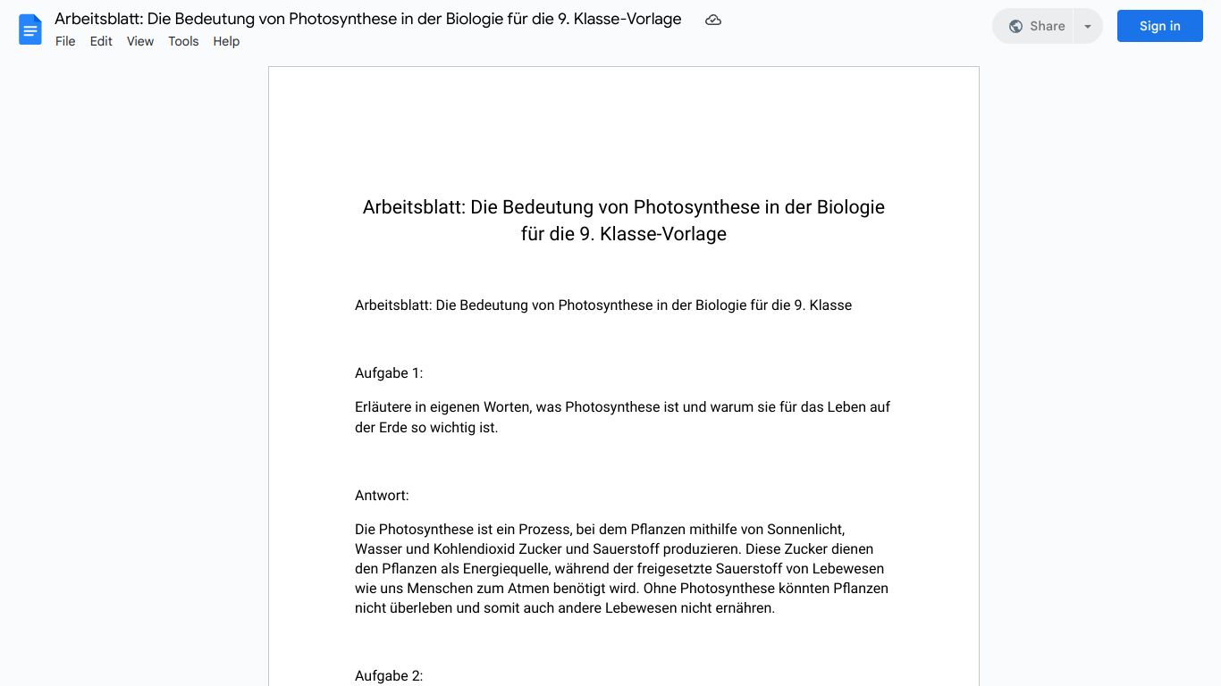 Arbeitsblatt: Die Bedeutung von Photosynthese in der Biologie für die 9. Klasse-Vorlage