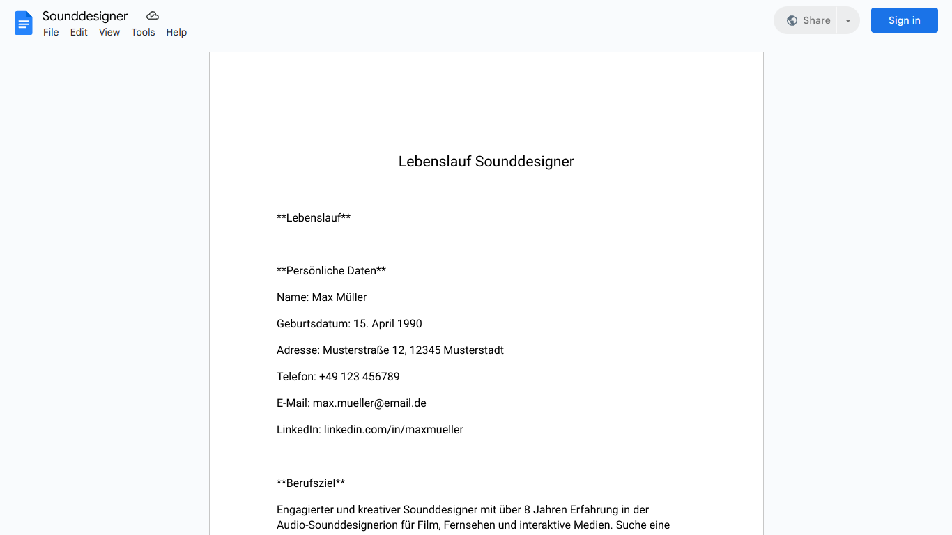 Lebenslauf-Sounddesigner