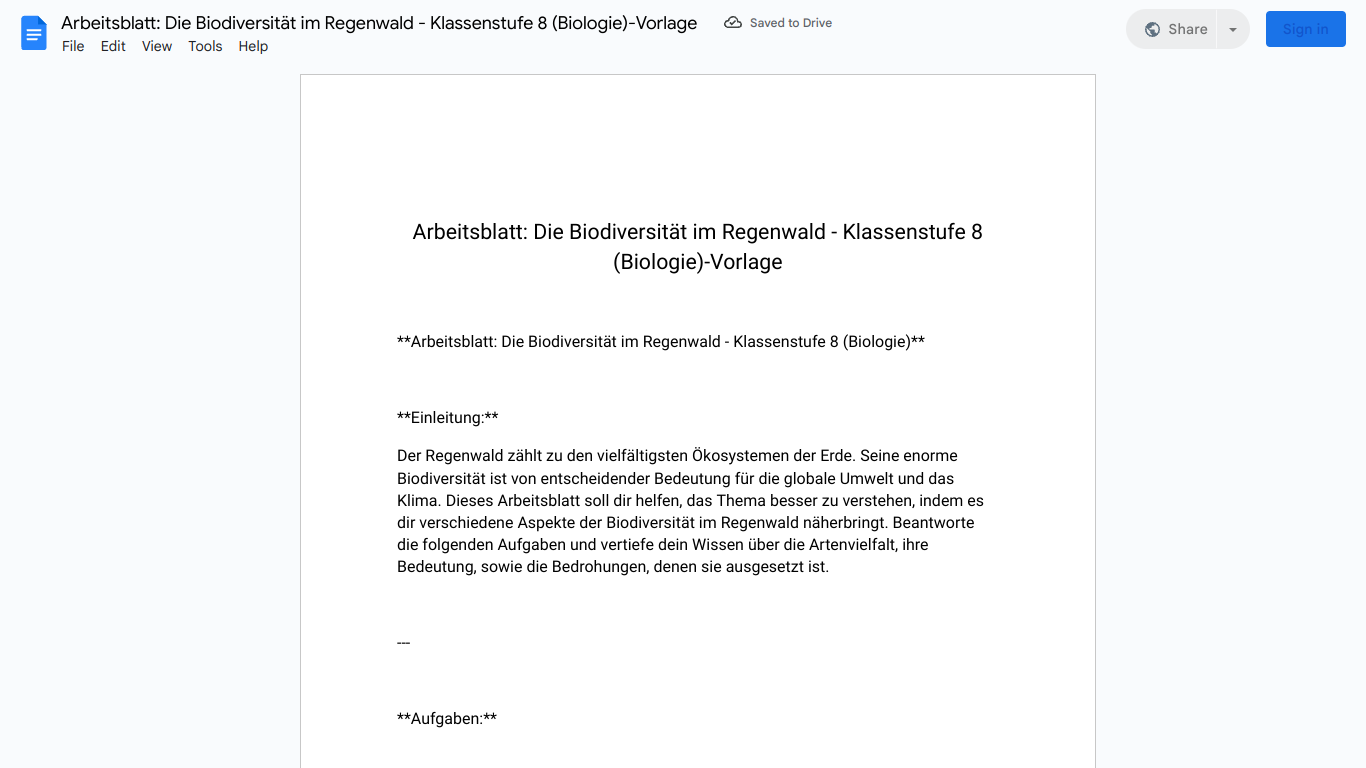 Arbeitsblatt: Die Biodiversität im Regenwald - Klassenstufe 8 (Biologie)-Vorlage