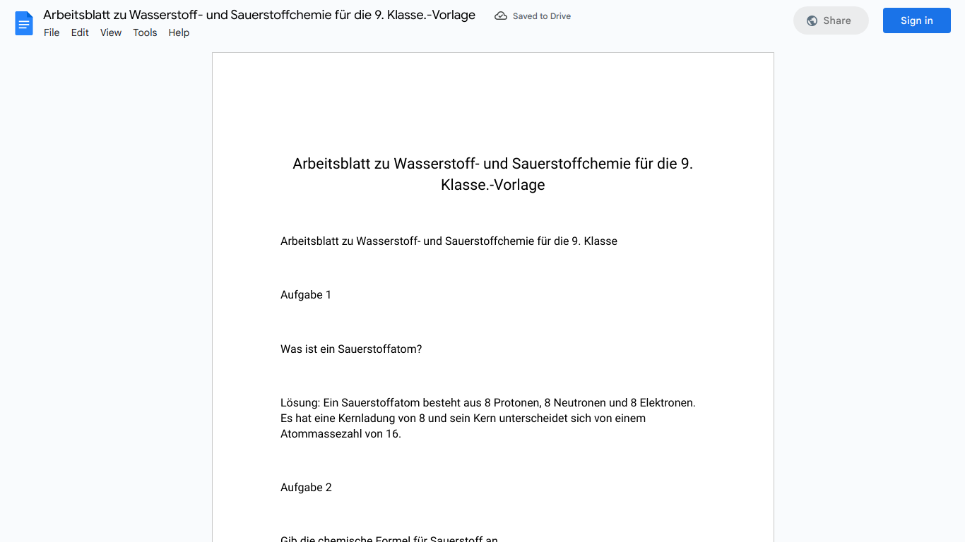 Arbeitsblatt zu Wasserstoff- und Sauerstoffchemie für die 9. Klasse.-Vorlage