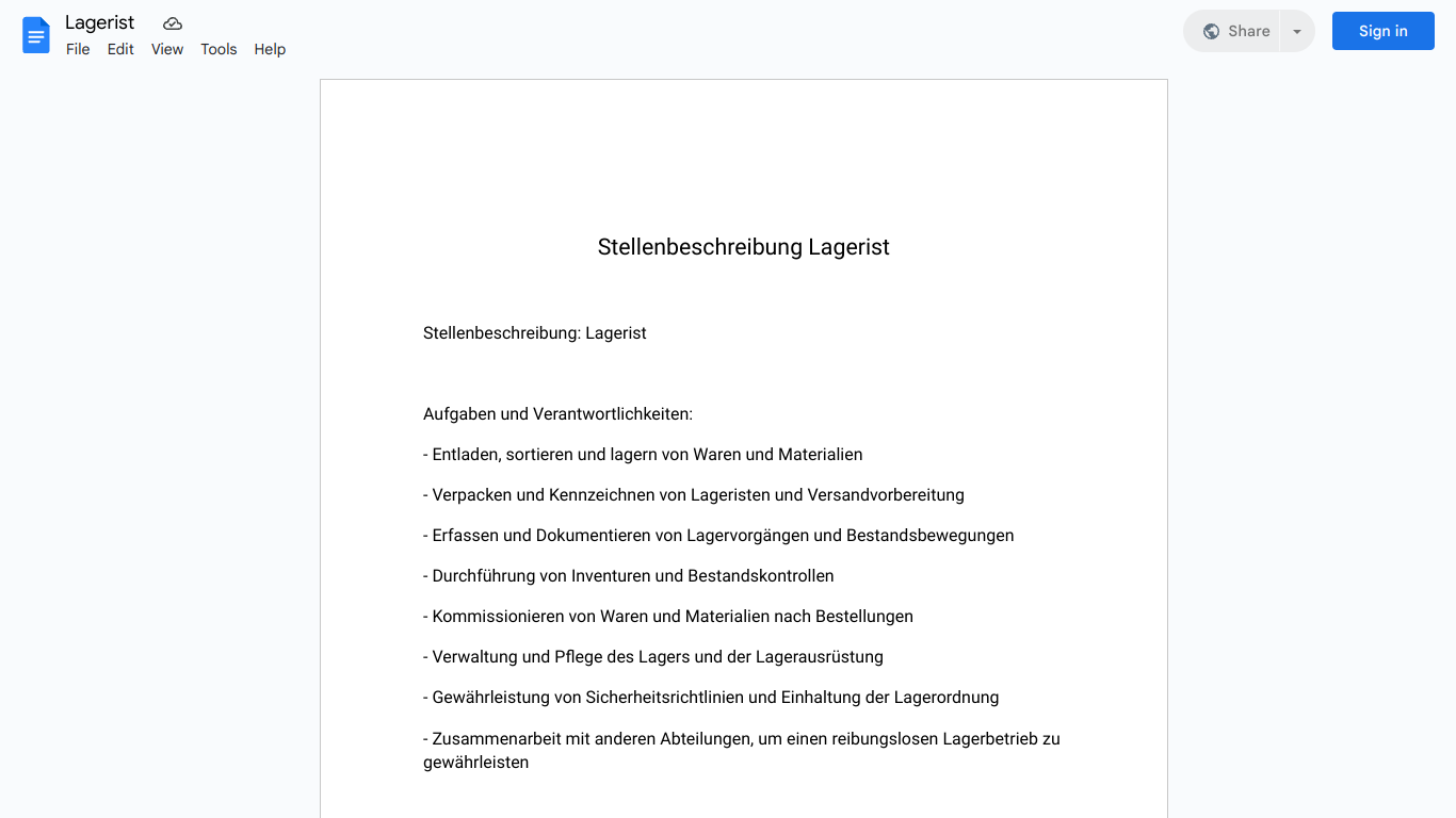 Stellenbeschreibung-Lagerist