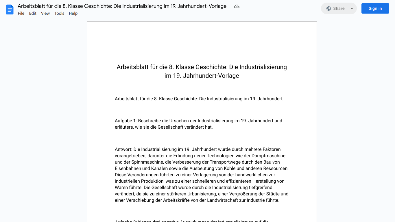 Arbeitsblatt für die 8. Klasse Geschichte: Die Industrialisierung im 19. Jahrhundert-Vorlage