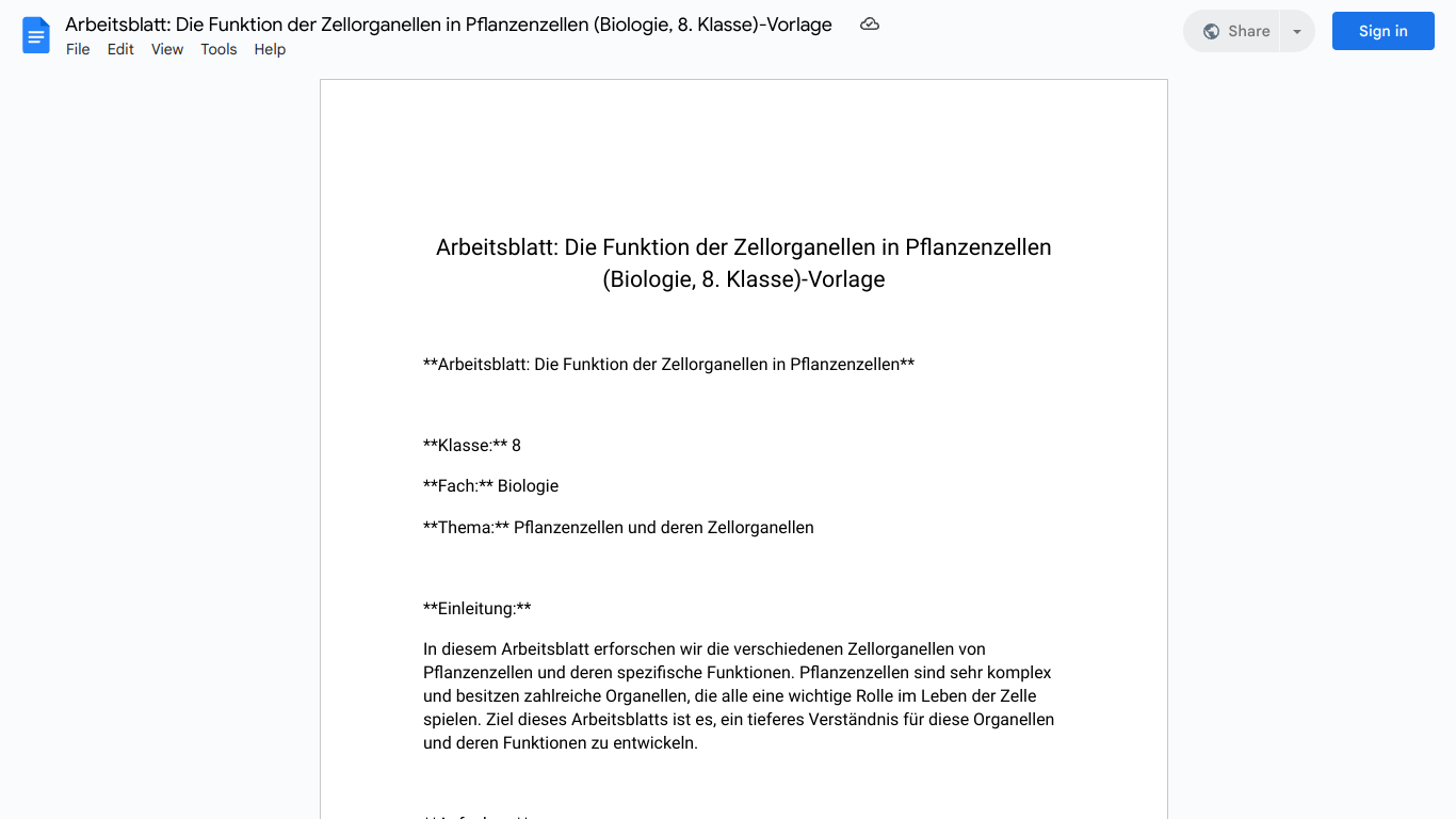 Arbeitsblatt: Die Funktion der Zellorganellen in Pflanzenzellen (Biologie, 8. Klasse)-Vorlage