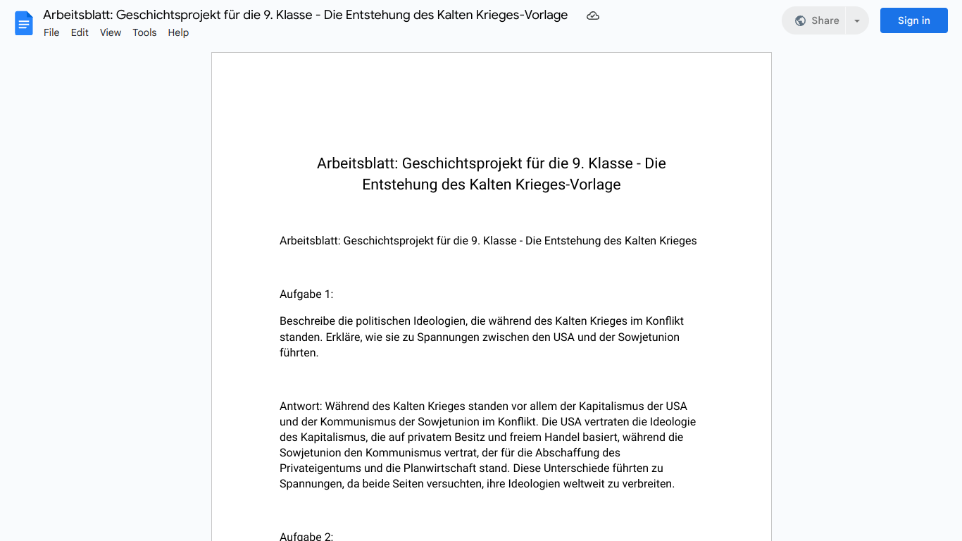 Arbeitsblatt: Geschichtsprojekt für die 9. Klasse - Die Entstehung des Kalten Krieges-Vorlage