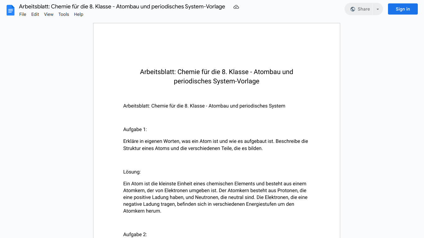 Arbeitsblatt: Chemie für die 8. Klasse - Atombau und periodisches System-Vorlage