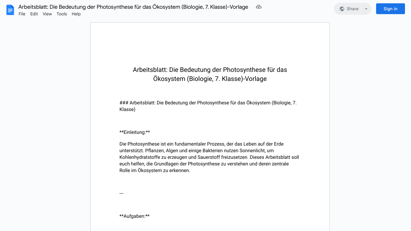 Arbeitsblatt: Die Bedeutung der Photosynthese für das Ökosystem (Biologie, 7. Klasse)-Vorlage