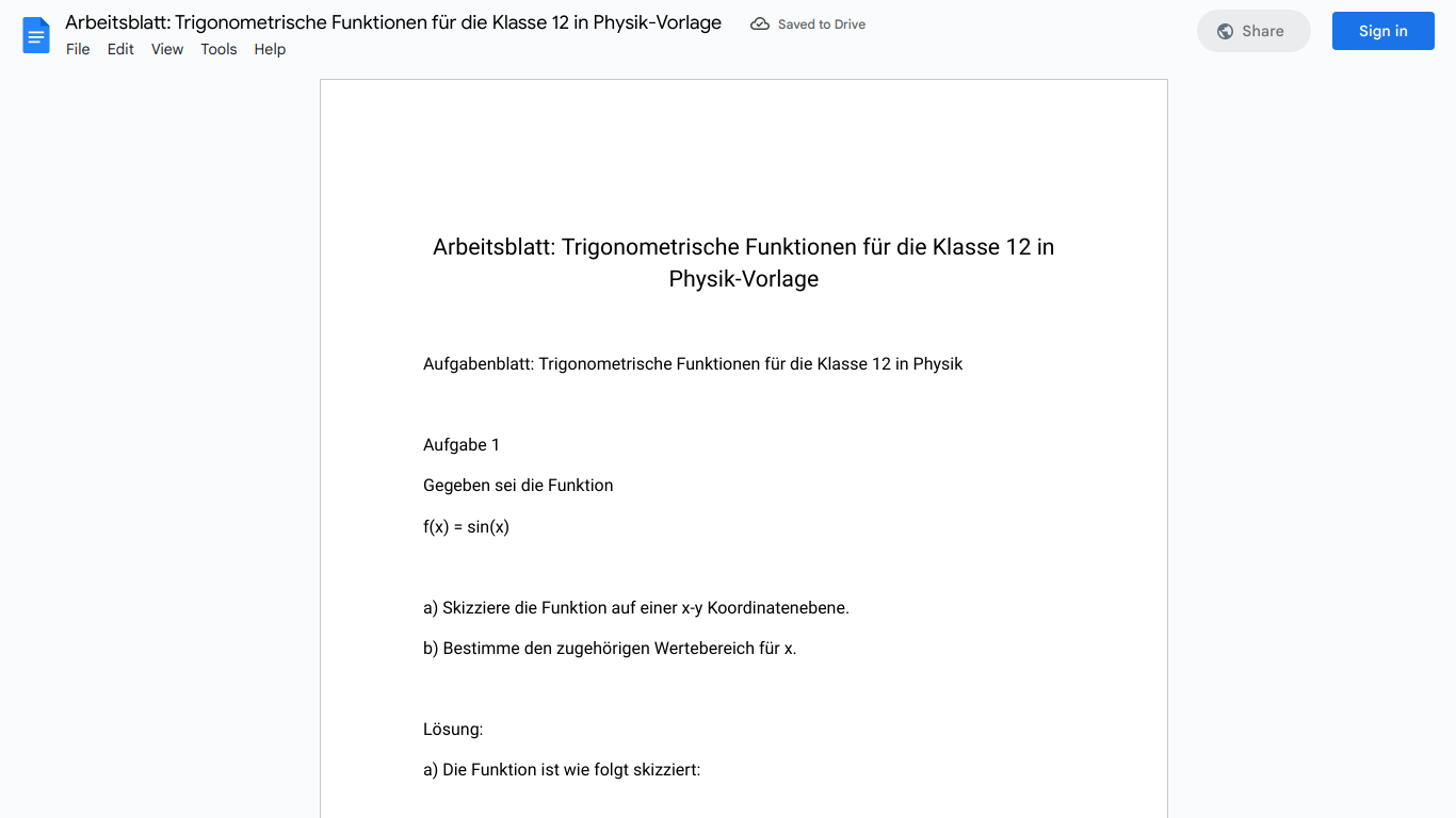 Arbeitsblatt: Trigonometrische Funktionen für die Klasse 12 in Physik-Vorlage