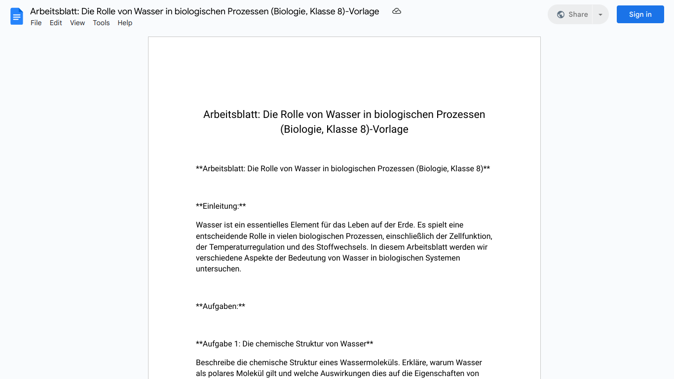 Arbeitsblatt: Die Rolle von Wasser in biologischen Prozessen (Biologie, Klasse 8)-Vorlage