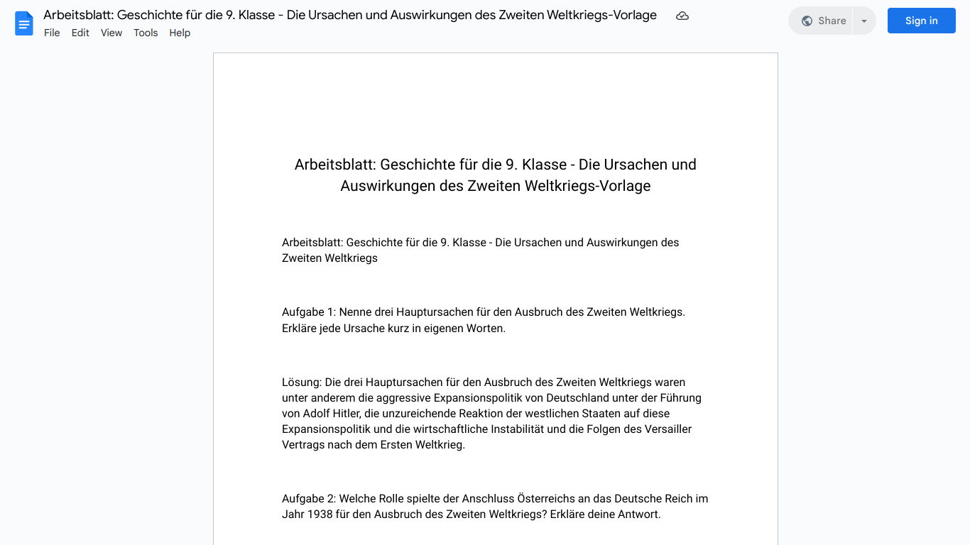 Arbeitsblatt: Geschichte für die 9. Klasse - Die Ursachen und Auswirkungen des Zweiten Weltkriegs-Vorlage