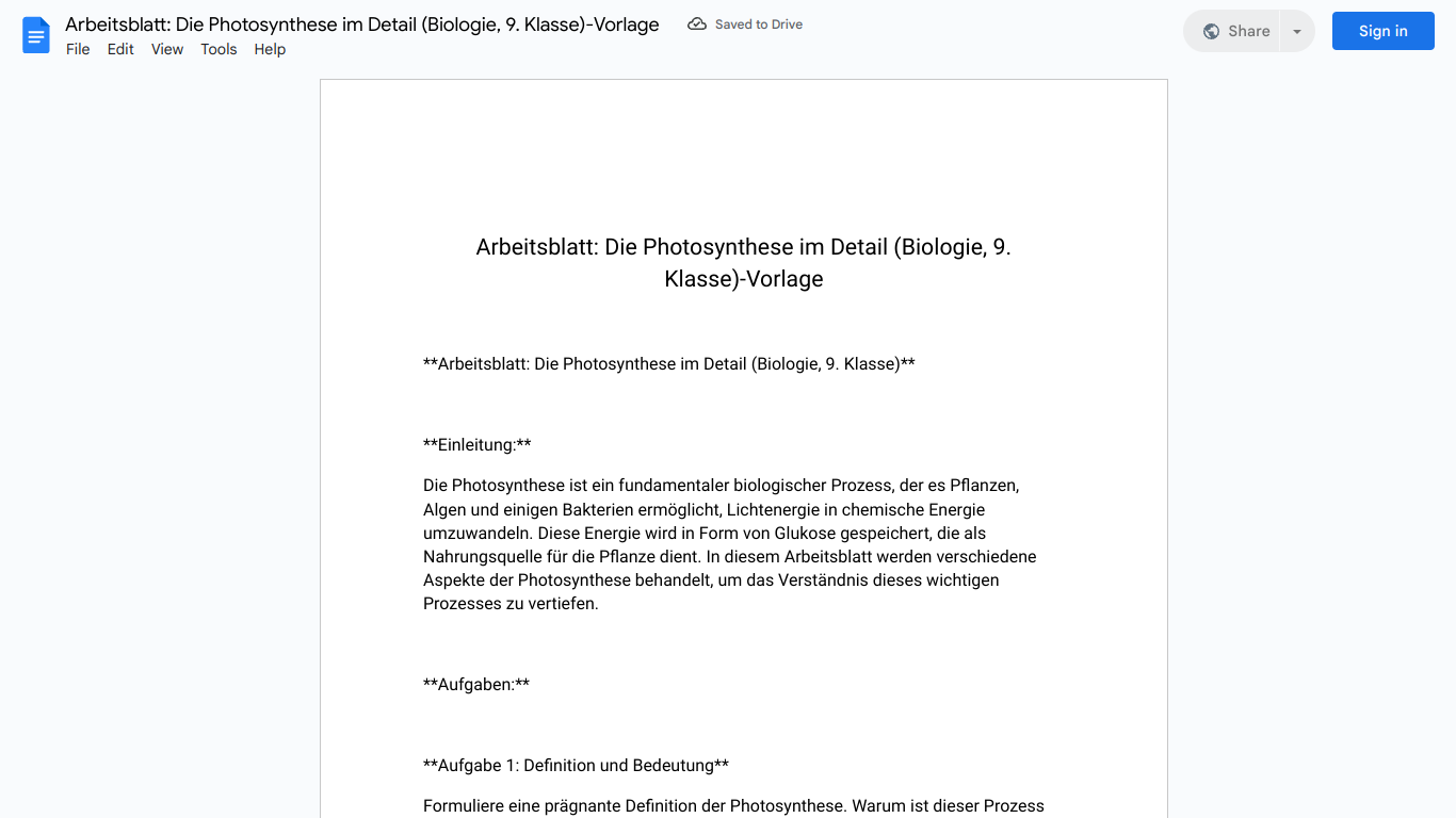 Arbeitsblatt: Die Photosynthese im Detail (Biologie, 9. Klasse)-Vorlage