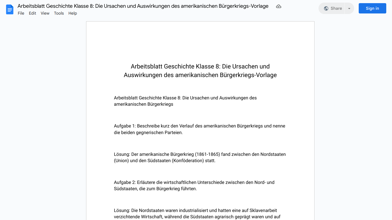 Arbeitsblatt Geschichte Klasse 8: Die Ursachen und Auswirkungen des amerikanischen Bürgerkriegs-Vorlage