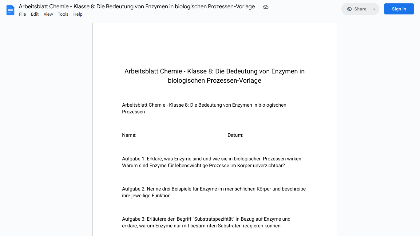 Arbeitsblatt Chemie - Klasse 8: Die Bedeutung von Enzymen in biologischen Prozessen-Vorlage